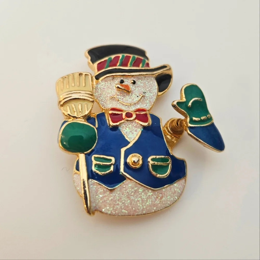 Snowman brooch/ pin sparkly, moving hand, gold toned, signed